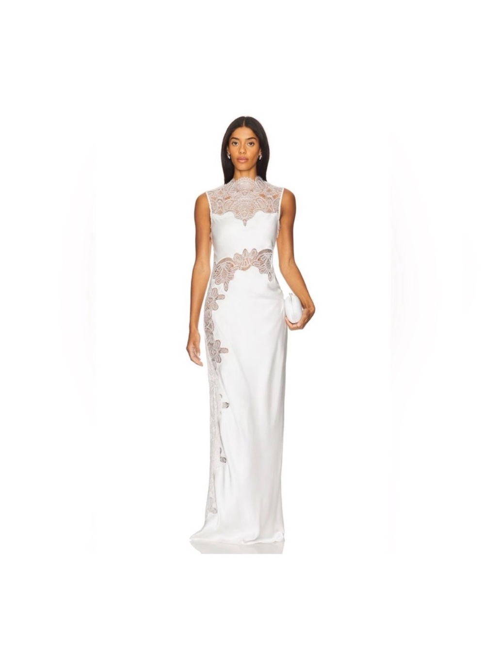 Shona Joy High-Neck Stratus Lace Slim Maxi Dress in Ivory